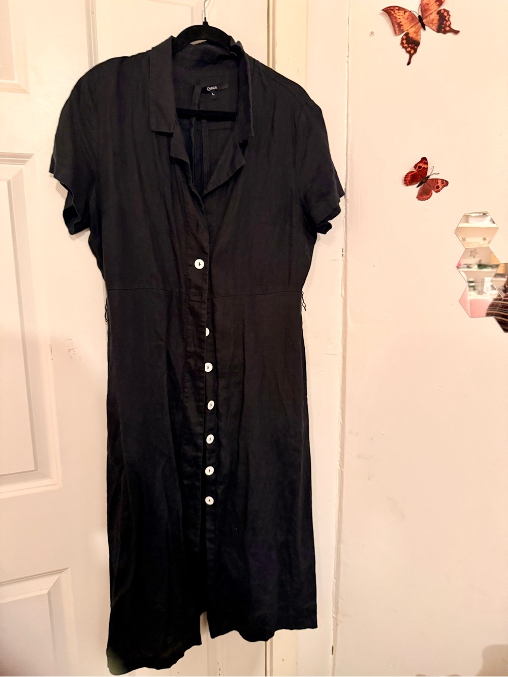 Quince Black Linen Short-Sleeve Button-Front Shirt Dress